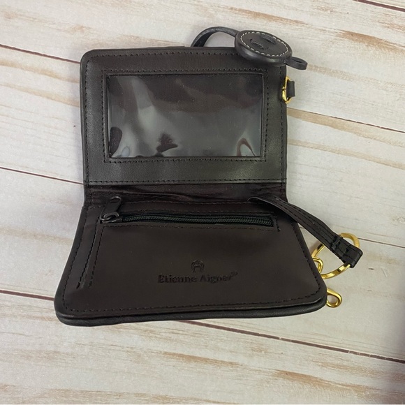 Etienne Aigner Small Wallet Brown Tan Straw Coin Key Chain Ring ID Holder - Picture 3 of 7